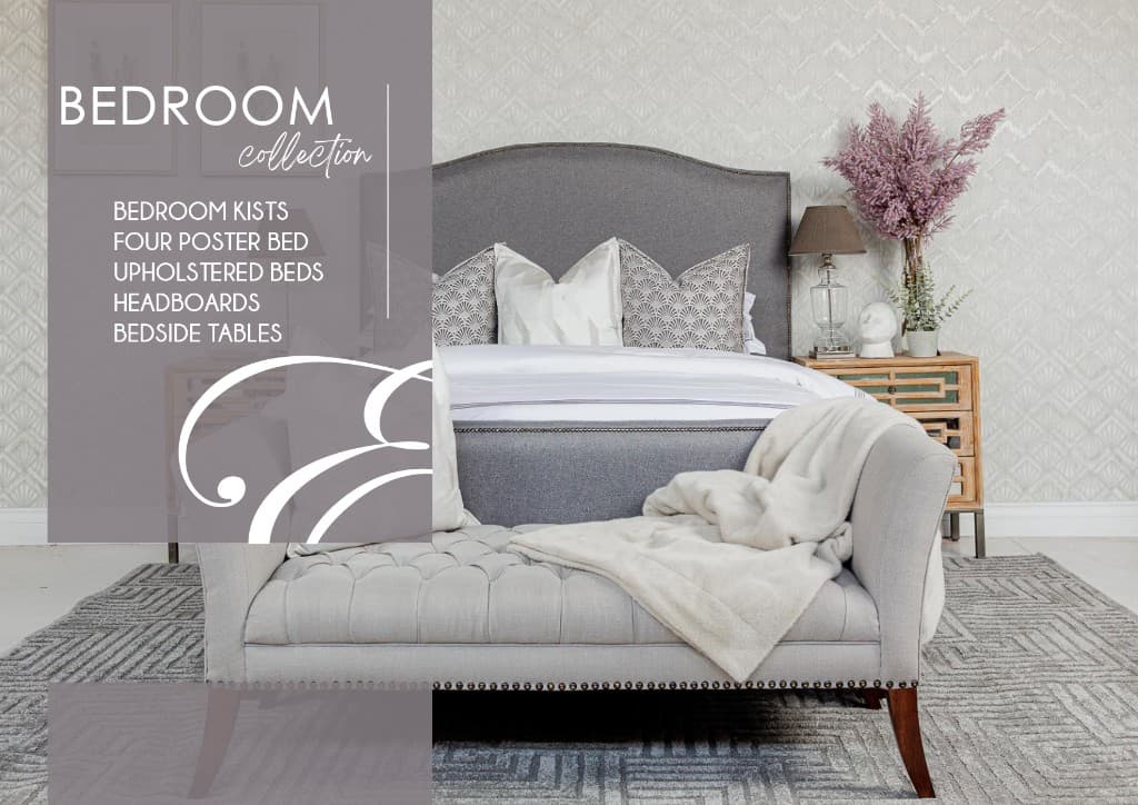 Bedroom with upholstered bed, bench, and bedside cabinet in a soft neutral palette.
