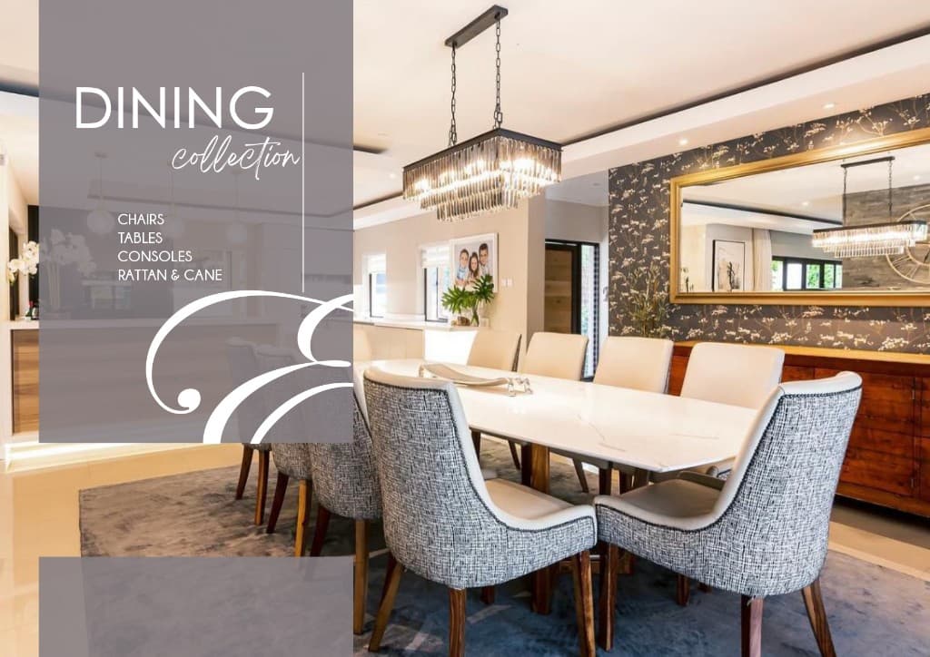 Dining room with an upholstered chair set and white dining table under pendant lighting.